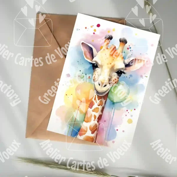 Carte d'anniversaire enfant girafe A5 vertical enveloppe kraft