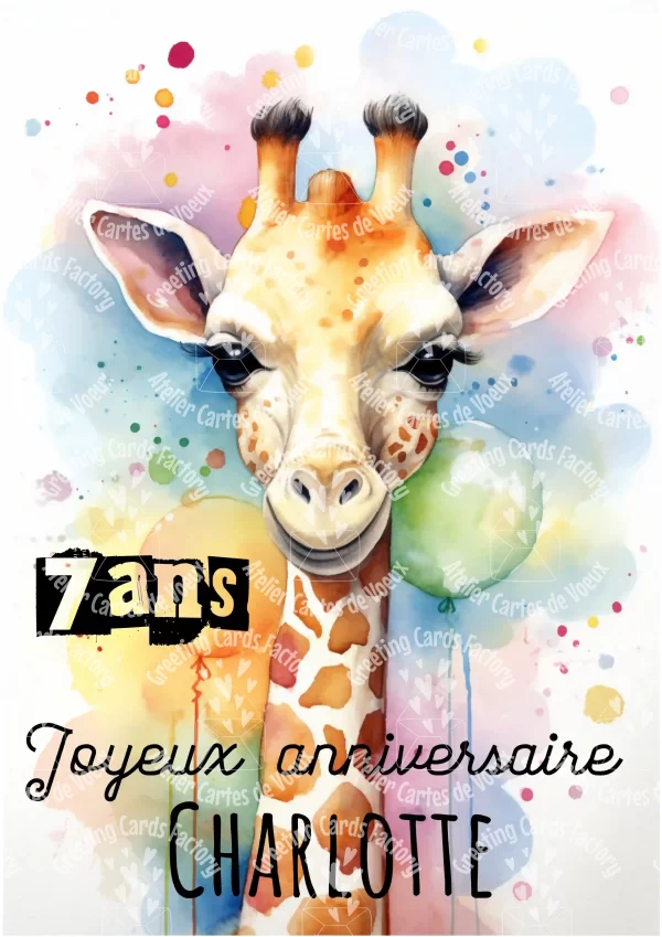 Carte d'anniversaire enfant girafe A5 vertical personnalisée